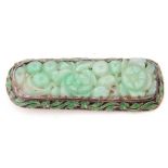 Chinese carved jade and enamel brooch, carved with a floral panel and framed in an enamel