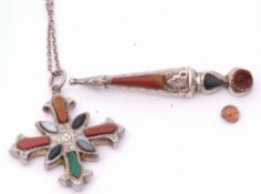 Mixed Lot: vintage agate set cross metal pendant and chain, together with a sterling silver and