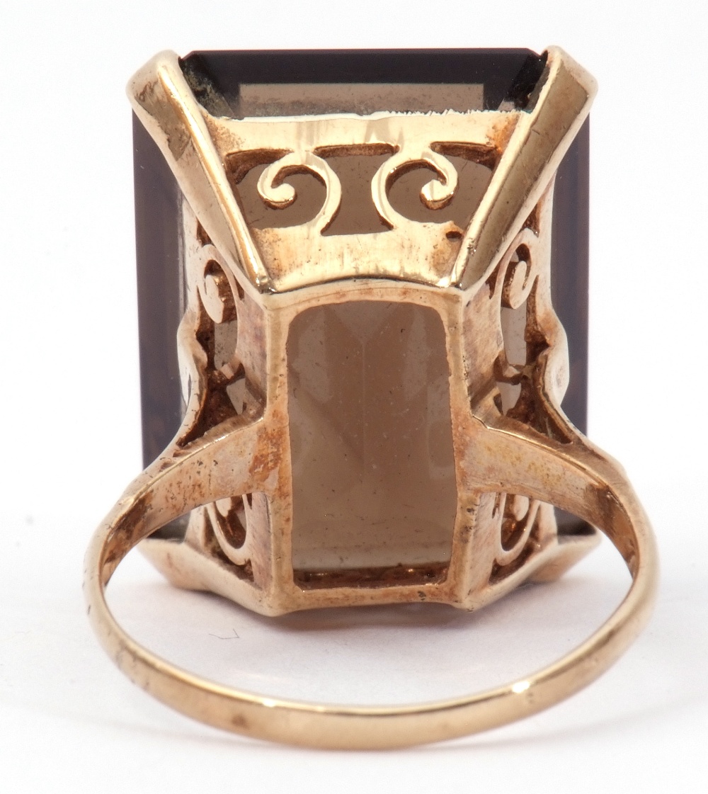 9ct stamped large smoky quartz ring of stepped cut rectangular shape, 2 x 1.5cm, four claw set and - Image 6 of 9