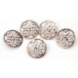 Mixed Lot: five Victorian silver buttons of shield shape centring a small pierced circle joining