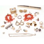 Leather box and contents to include stag coral earrings, costume earrings etc