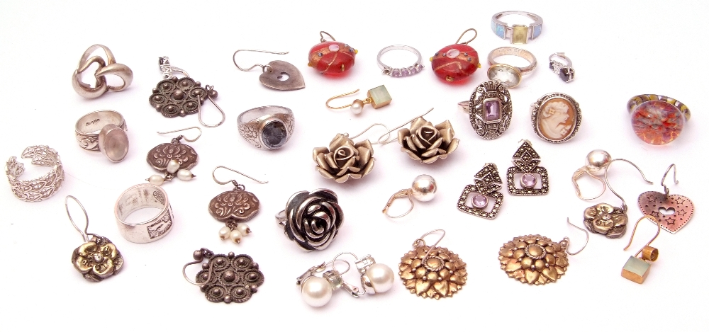 Mixed Lot: mainly white metal jewellery to include rings, earrings etc together with glass rings and