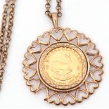 1981 1/10 gold Krugerrand in a 9ct gold heart framed pendant mount (a/f) suspended on a 375