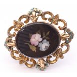 Antique pietro-dura gold filled brooch, the centre with a stone floral spray in pink and green,