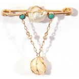 Baroque and turquoise pin brooch, a design with a central wire work set baroque pearl flanked by two