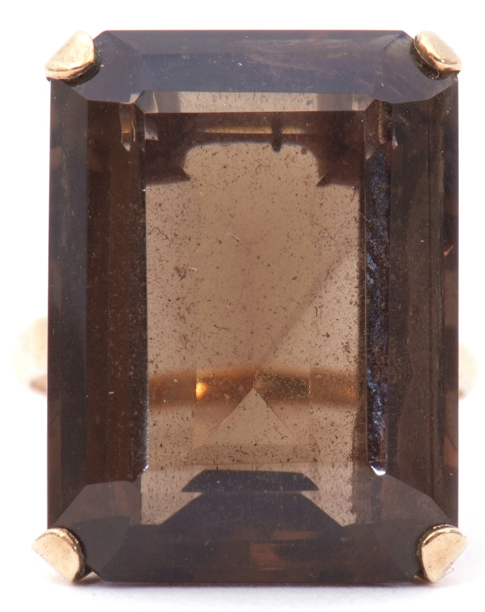 9ct stamped large smoky quartz ring of stepped cut rectangular shape, 2 x 1.5cm, four claw set and - Image 2 of 9