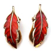 Pair of Bernard Meldahl Norwegian circa 1940 guilloche enamel red leaf clip-on earrings, stamped