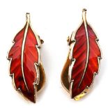 Pair of Bernard Meldahl Norwegian circa 1940 guilloche enamel red leaf clip-on earrings, stamped