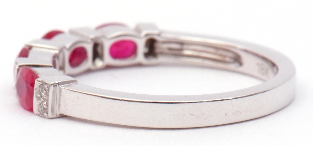 Modern ruby and diamond half-hoop ring, a design featuring 4 oval faceted rubies between 5 pairs - Image 2 of 8