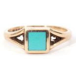 9ct gold and turquoise ring, the square turquoise panel in rub-over setting between angular