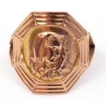 9ct gold Virgin Mary Madonna ring of octagonal shape with engraved detailed borders, London 1979,