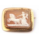 Antique shell cameo of rectangular form, depicting Aurora driving a chariot, in a yellow metal