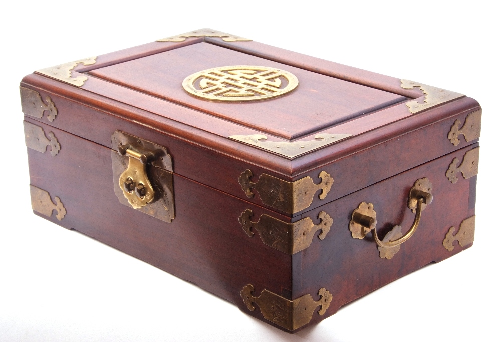Chinese wood and brass mounted jewellery box, (void), 30 x 19 x 12cm high