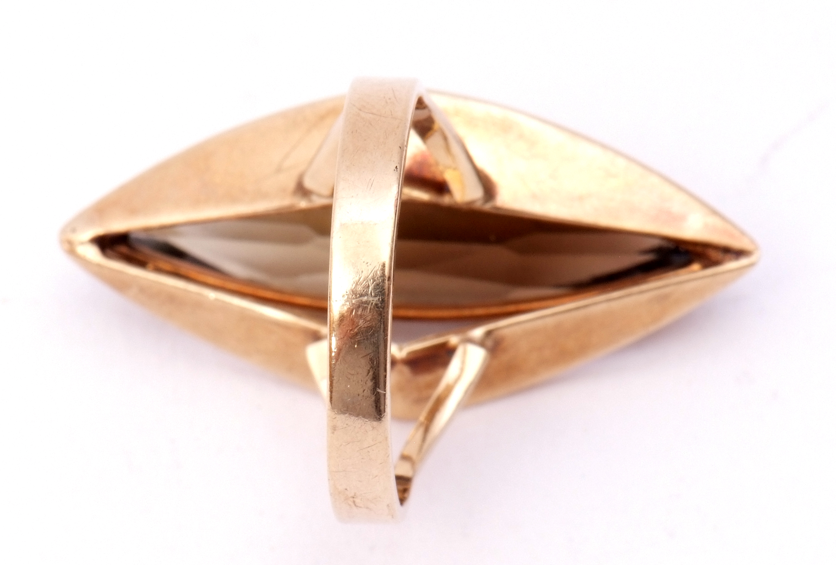 1970s 9ct gold modernist smokey quartz ring, an elongated lozenge design raised in an angular basket - Image 2 of 5