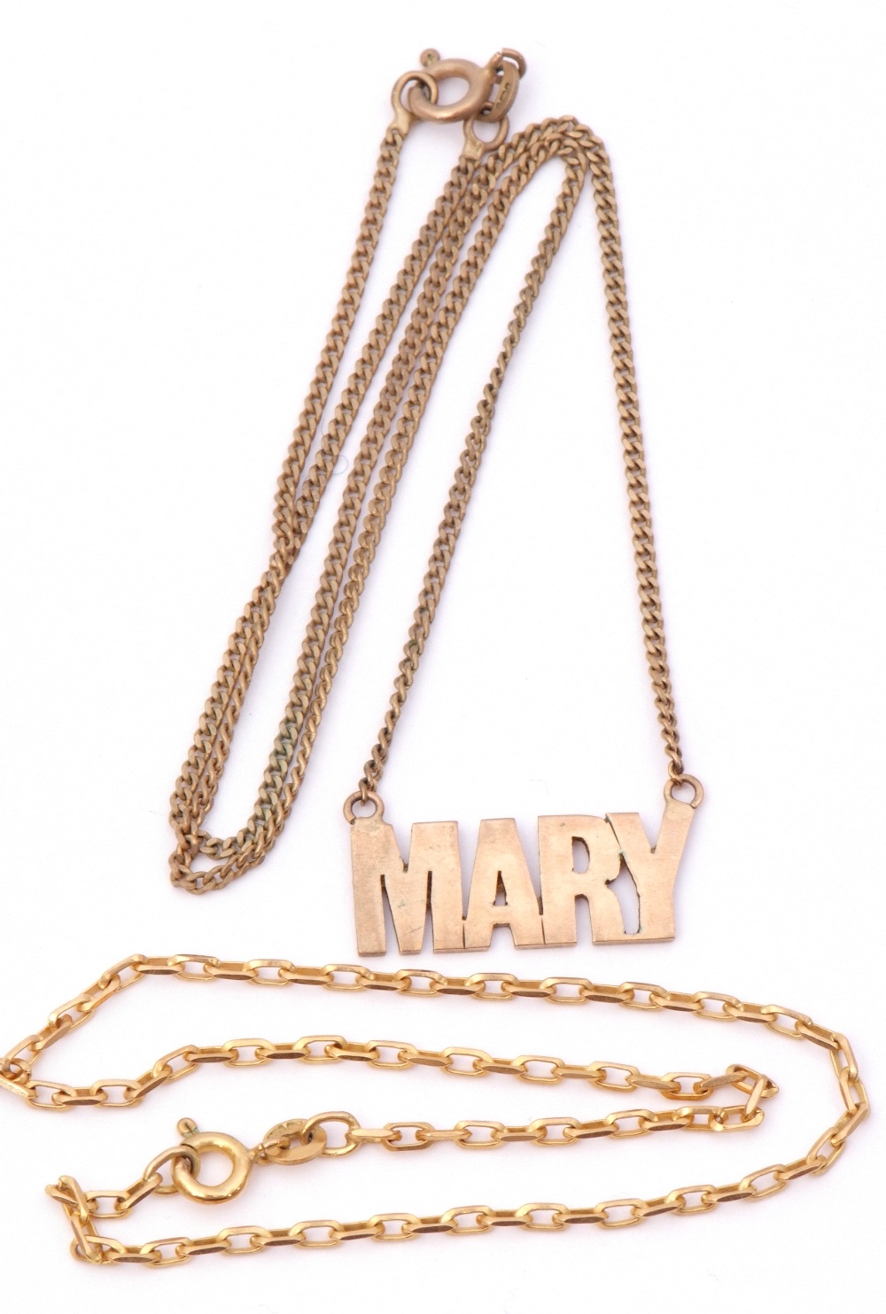 Mixed Lot: 9ct stamped pendant, engraved "Mary", suspended from a 9ct gold filed curb link chain, - Image 2 of 2