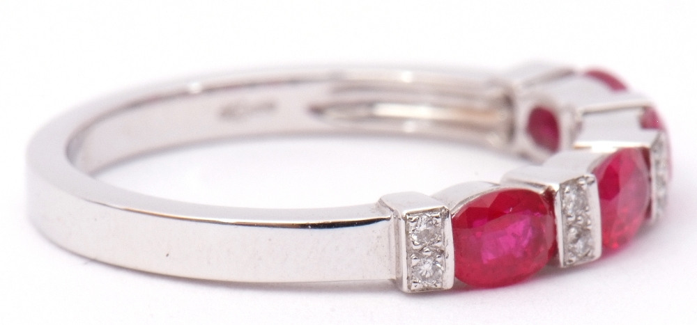 Modern ruby and diamond half-hoop ring, a design featuring 4 oval faceted rubies between 5 pairs - Image 4 of 8