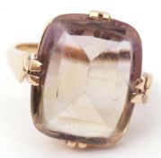 9ct stamped ametrine dress ring of shaped rectangular form, cardinal set in a basket mount, size M