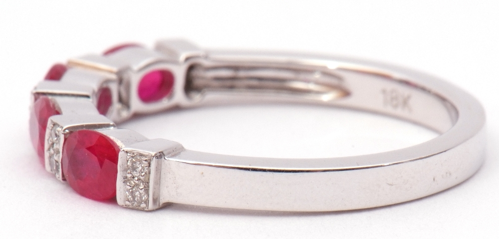 Modern ruby and diamond half-hoop ring, a design featuring 4 oval faceted rubies between 5 pairs - Image 5 of 8