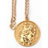 9ct gold large circular St Christopher of 28mm diam, Birmingham 1977, suspended from a Belcher style