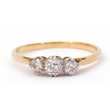 Three-stone diamond ring featuring three graduated old cut diamonds, 0.40ct approx, stamped 18ct and