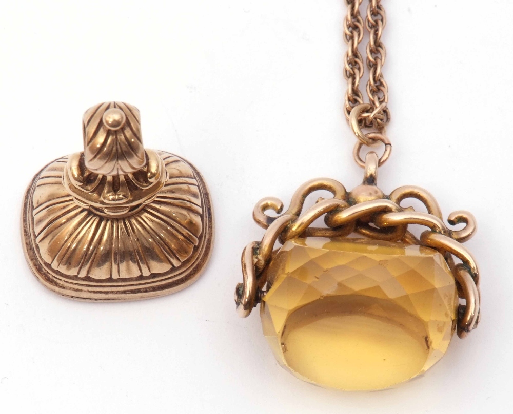 Mixed Lot: antique swivel faceted citrine fob in a yellow metal scroll mount suspended from a yellow - Image 2 of 7