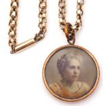 9ct stamped long chain, meshwork design, supporting a gold plated open faced circular locket, the