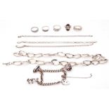 Mixed Lot: 925 stamped oval link necklace, a silver curb link bracelet, three white metal snake link