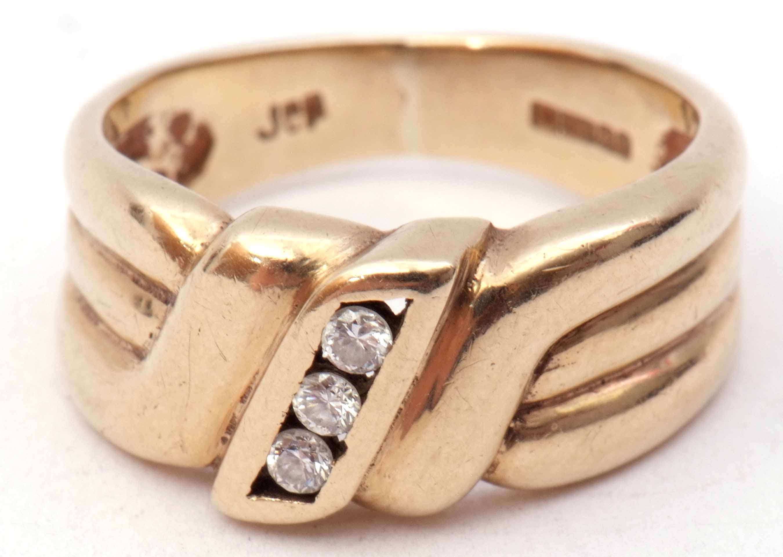 9ct gold and diamond ring, centring a line of three small brilliant cut diamonds between textured - Image 9 of 9