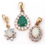 Mixed Lot: two opal and diamond surround small pendants, together with a green glass and paste set