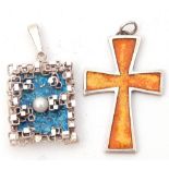 Mixed Lot: modern white metal and blue translucent enamelled pendant together with a cross pendant