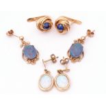 Mixed Lot: three pairs of modern yellow metal earrings, opalescent, opal doublet and a pair of