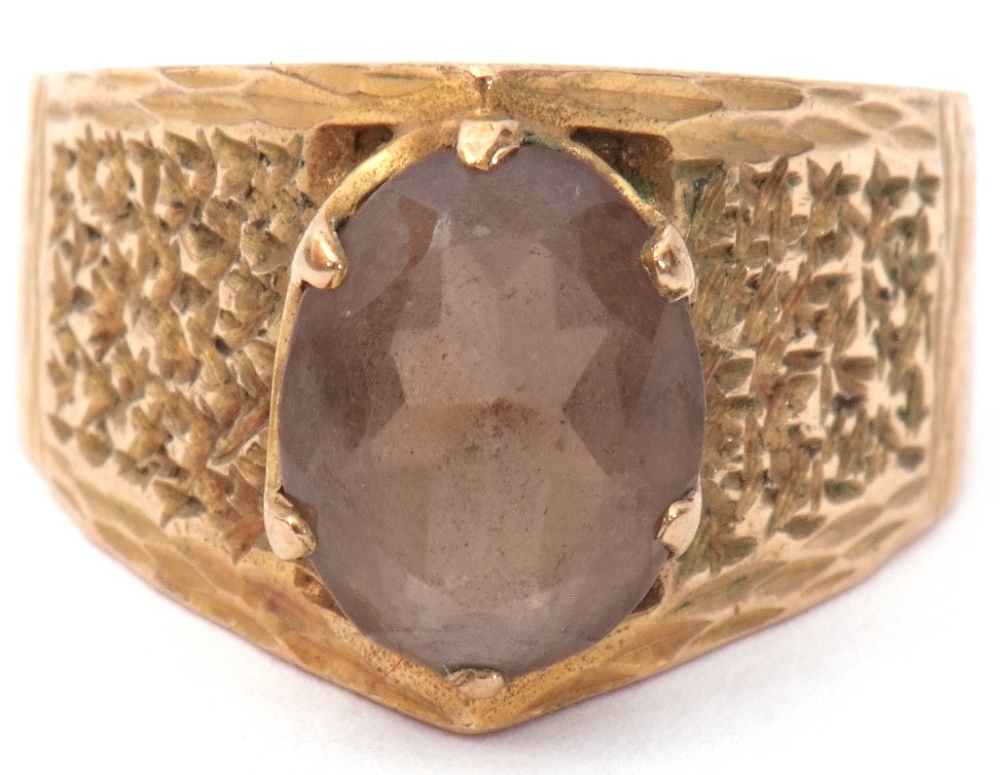 9ct gold and smoky quartz ring, the oval faceted smoky quartz in a coronet setting raised between - Image 8 of 9