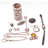 Mixed Lot: hallmarked silver pierced sleeve, Birmingham 1903, ladies vesta, paste set watch, 925