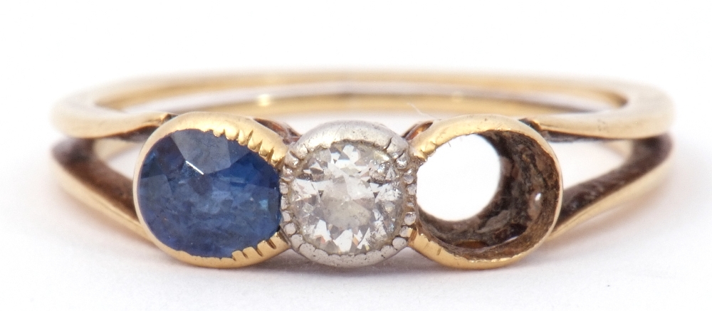 Antique diamond and sapphire ring, centring a brilliant cut diamond in rub-over setting and one oval