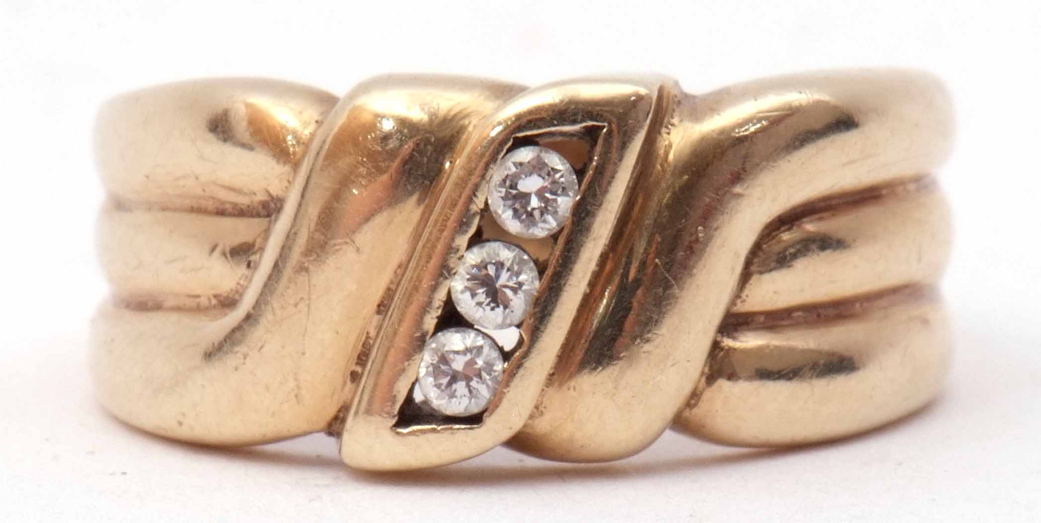 9ct gold and diamond ring, centring a line of three small brilliant cut diamonds between textured - Image 2 of 9