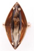 1970s 9ct gold modernist smokey quartz ring, an elongated lozenge design raised in an angular basket