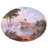 Antique oval enamel plaque, hand painted with a lake landscape scene, 4cm x 3cm, verso printed "