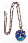 Arts & Crafts style white metal and enamel pansy pendant, the blue(s) translucent enamels