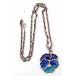 Arts & Crafts style white metal and enamel pansy pendant, the blue(s) translucent enamels