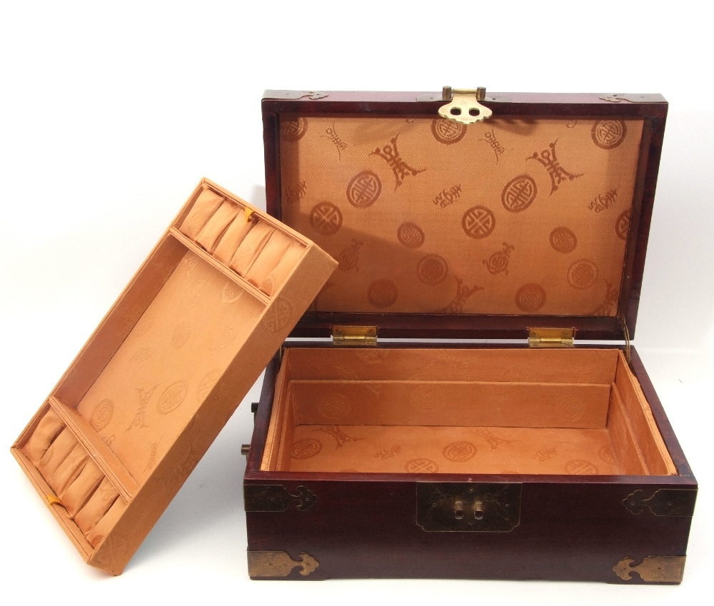 Chinese wood and brass mounted jewellery box, (void), 30 x 19 x 12cm high - Image 4 of 4