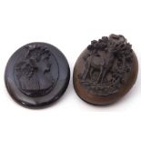 Mixed Lot: Victorian vulcanite large oval mourning locket applied with a carved study of a stag in a