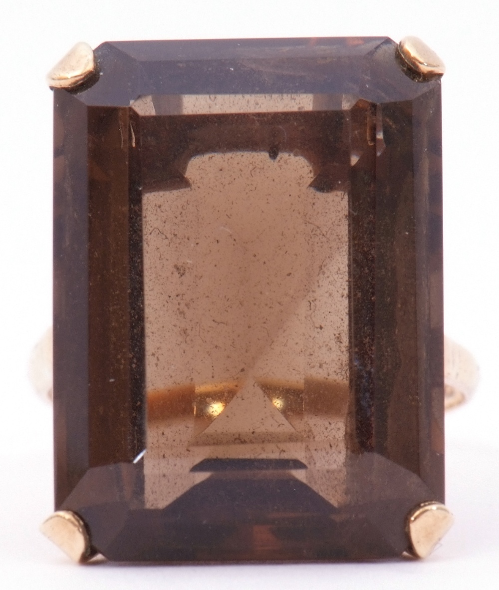 9ct stamped large smoky quartz ring of stepped cut rectangular shape, 2 x 1.5cm, four claw set and - Image 9 of 9