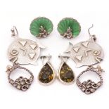Mixed Lot: four pairs of earrings, pair of modern silver fish, London 1994, pair of green clip-on