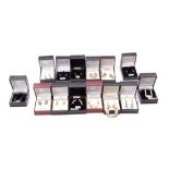 Fourteen boxed pairs of modern white metal (sterling) earrings to include cubic zirconia and crystal