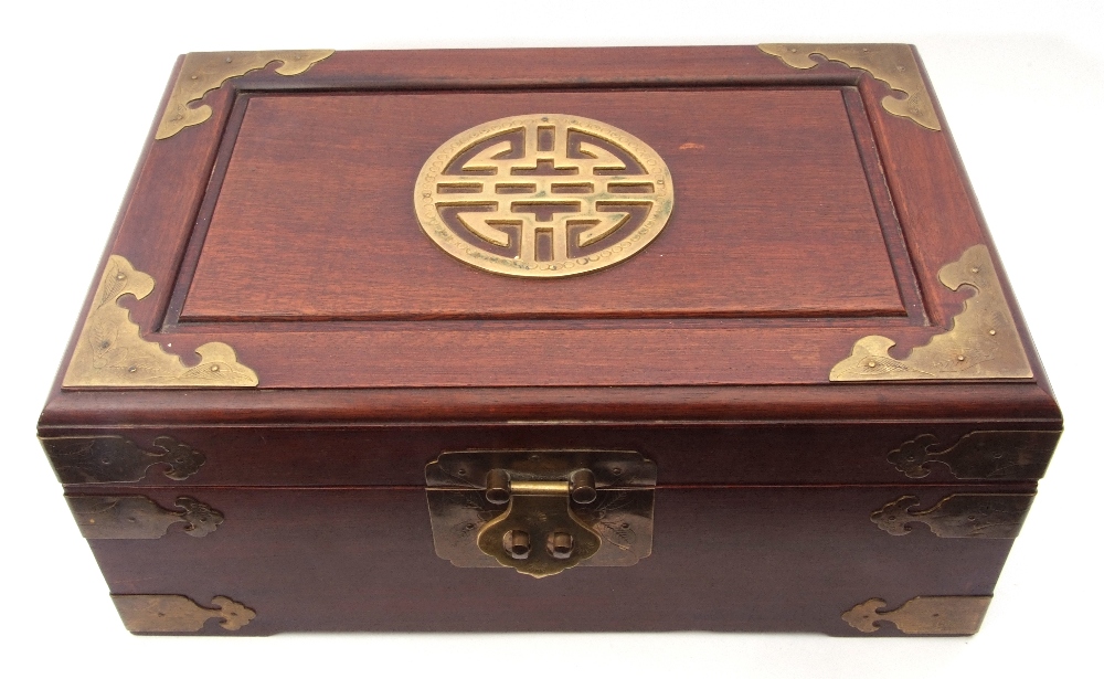 Chinese wood and brass mounted jewellery box, (void), 30 x 19 x 12cm high - Image 2 of 4