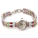 925 stamped ladies quartz wrist watch, the bracelet set with multi-coloured stones