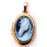 Modern 375 stamped oval shaped hinged locket, the front with a raised horses head, verso with a