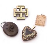 Mixed Lot: antique pique heart pendant, typically inlaid with a gold design, vulcanite oval