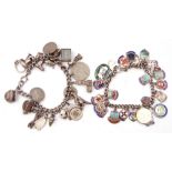 Mixed Lot: two silver curb link bracelets suspending various charms to include enamelled examples,