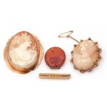 Mixed Lot: antique carved oval shell cameo depicting Diana the Huntress in a 9ct stamped frame, 5